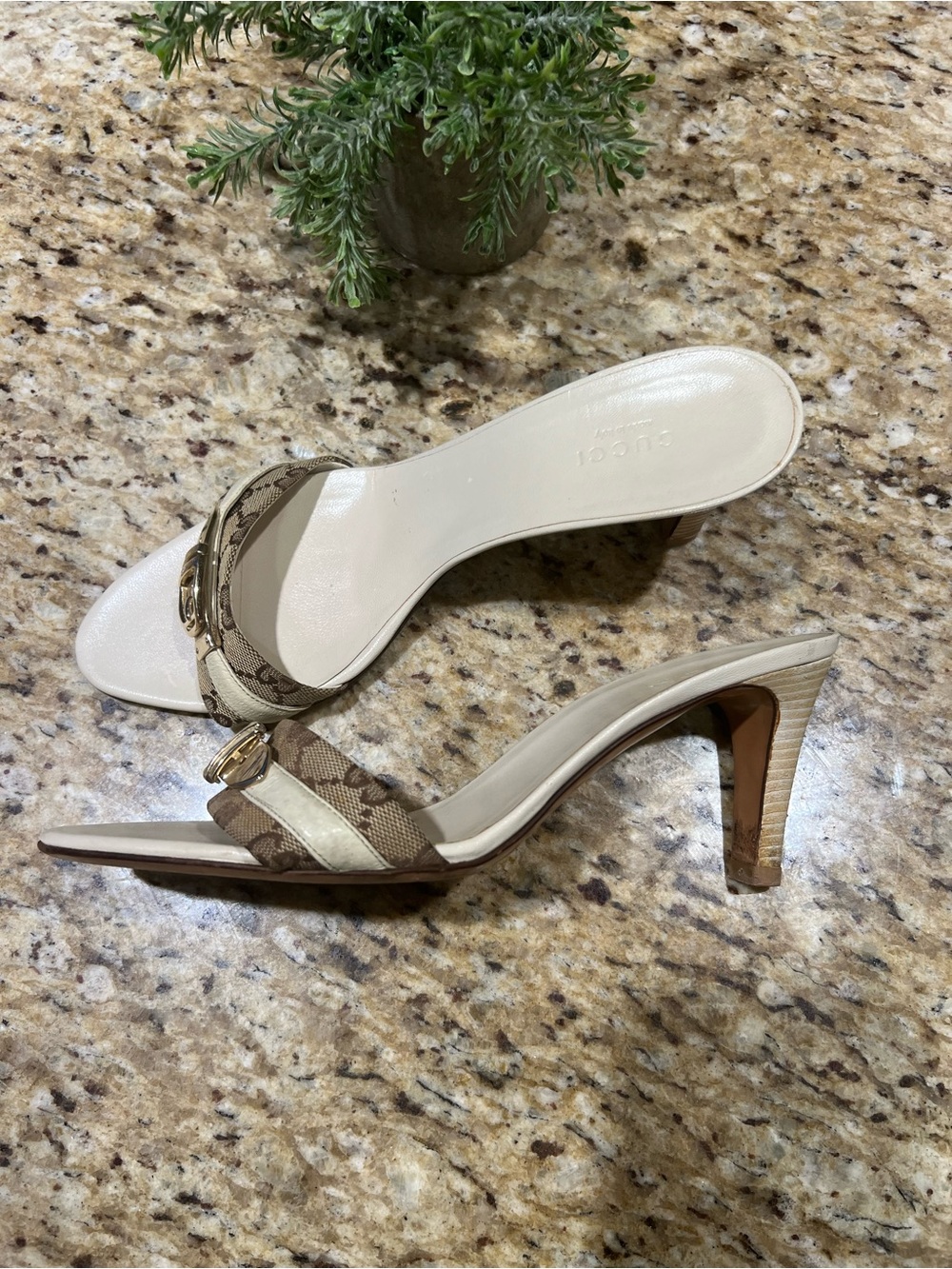 GUCCI Beige & Brown Open-toe Mule Heel Sandals 8.5B